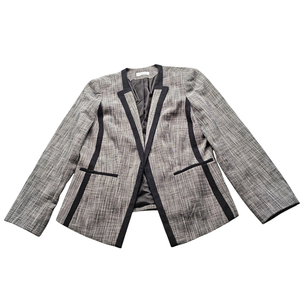 Calvin Klein Open Front Blazer Womens 6 Black White Textured Contrast Jacket